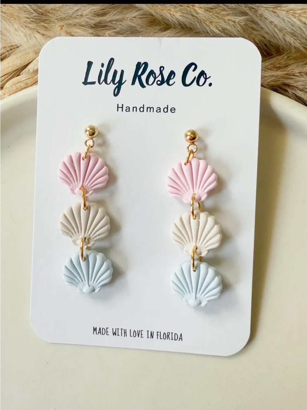Lily Rose Pastel Triple Shell Drop Earrings - Pink, Cream, Light Blue - Picture 1 of 2